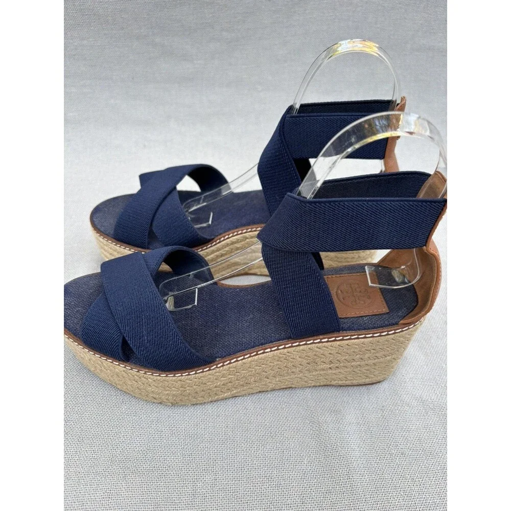 TORY BURCH ESPADRILLES SIZE 8.5 M FABRIC LEATHER BLUE SOLID